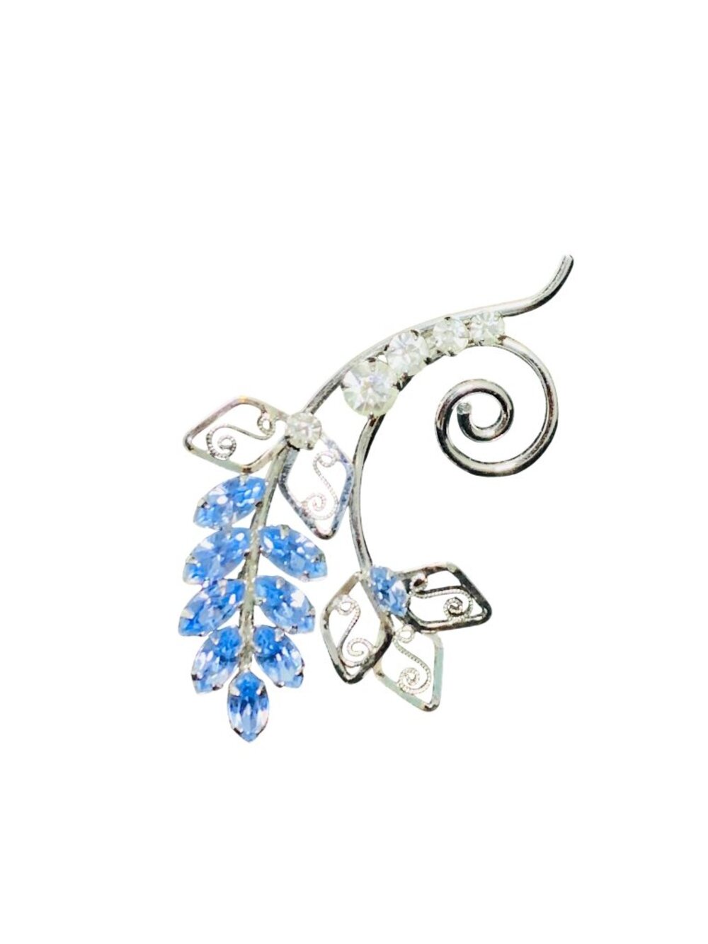 Sprig of Flowers Sterling Brooch With Blue And Clear Faceted Rhinestones (2182)
